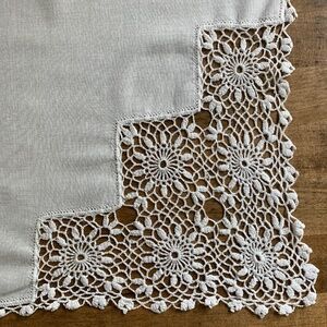 Vintage Crochet & Linen Tablecloth | 36” Square | Cottagecore Lace
